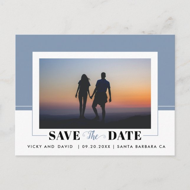 Dusty blue colour block wedding Save the Date phot Postcard (Front)