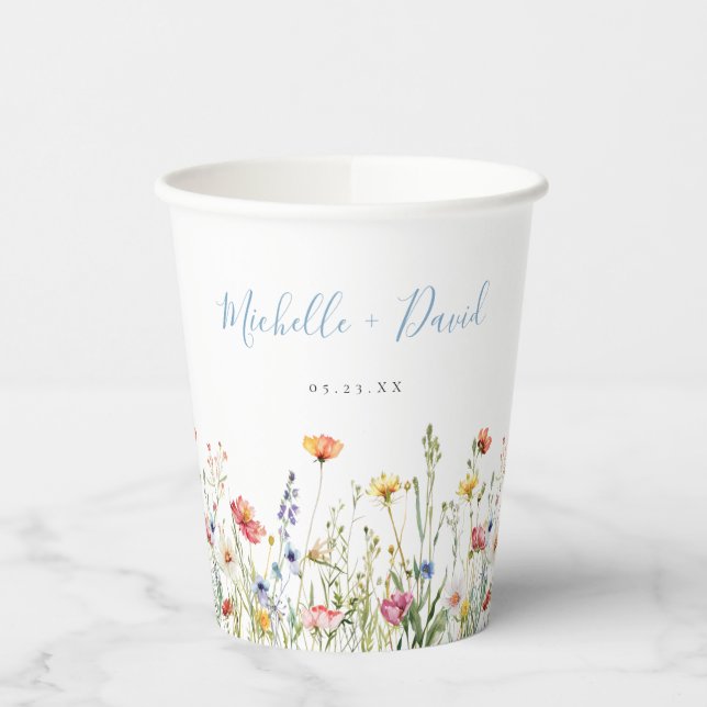 Dusty Blue Colourful Rustic Wildflower Wedding Paper Cups (Left)