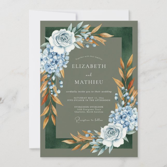 Dusty Blue Copper Floral Wedding Invitation (Front)