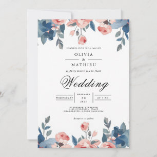 Dusty Blue & Coral Floral Romance Wedding Invitation