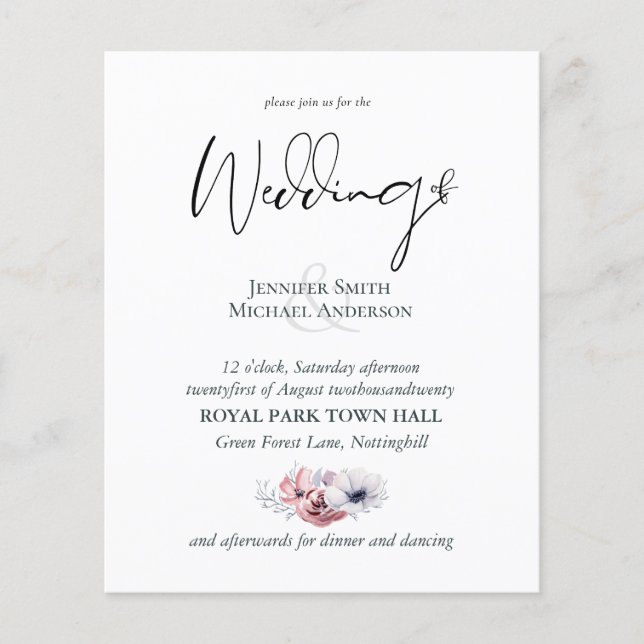 Dusty Blue Coral Floral Wedding Invites Budget (Front)