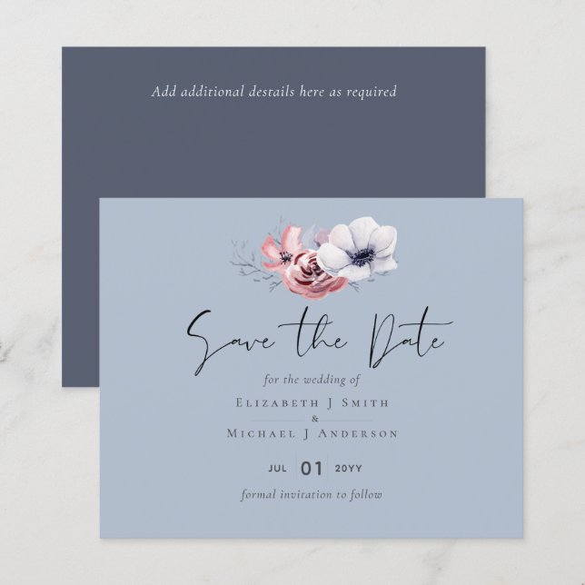 Dusty Blue Coral Floral Wedding Save Date Budget (Front/Back)