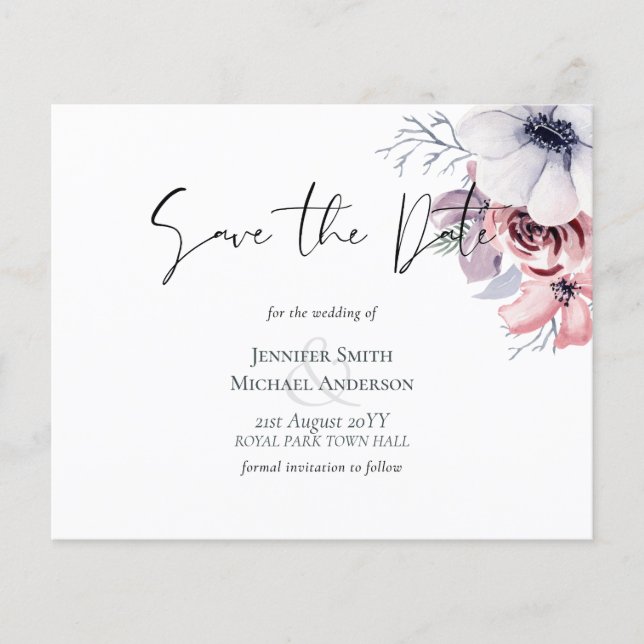 Dusty Blue Coral Floral Wedding Save Date Budget (Front)