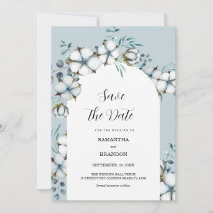 Dusty Blue, cotton flowers, arch Save the Date Invitation