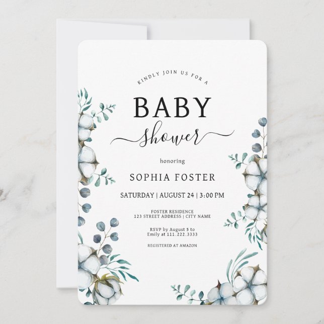 Dusty Blue cotton flowers botanical Baby Shower Invitation (Front)