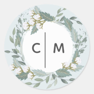 Dusty Blue Cotton Garden Wreath Monogram Wedding Classic Round Sticker