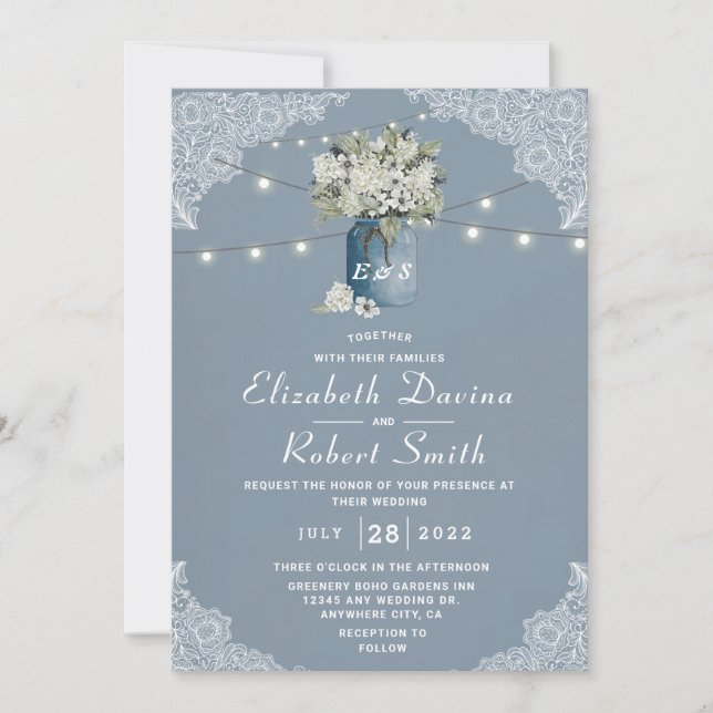 Dusty Blue Country Combined White Lace Wedding Invitation (Front)