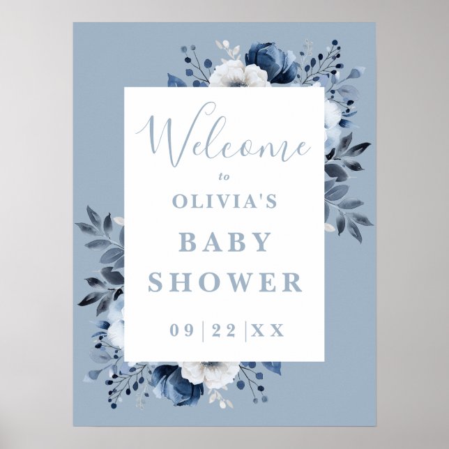Dusty Blue Country Floral Baby shower Affiche de b (Devant)
