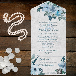 Dusty Blue Country Floral QR Code All In One Invitation