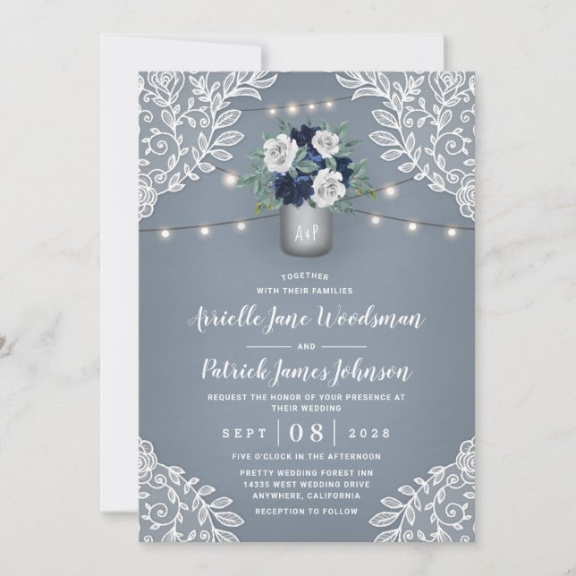 Dusty Blue Country White Lace Mason Jar Wedding Invitation (Front)