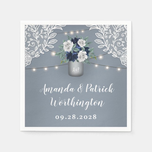 Dusty Blue Country White Lace Mason Jar Wedding Napkin (Front)