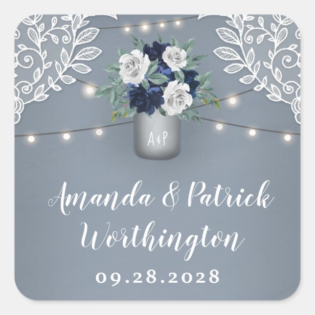 Dusty Blue Country White Lace Mason Jar Wedding Square Sticker (Front)