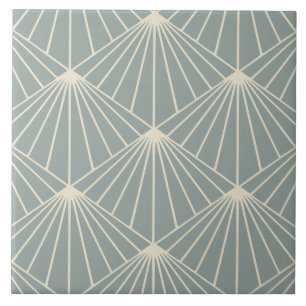 Dusty Blue & Cream Art Deco Fan Pattern Diamond Tile