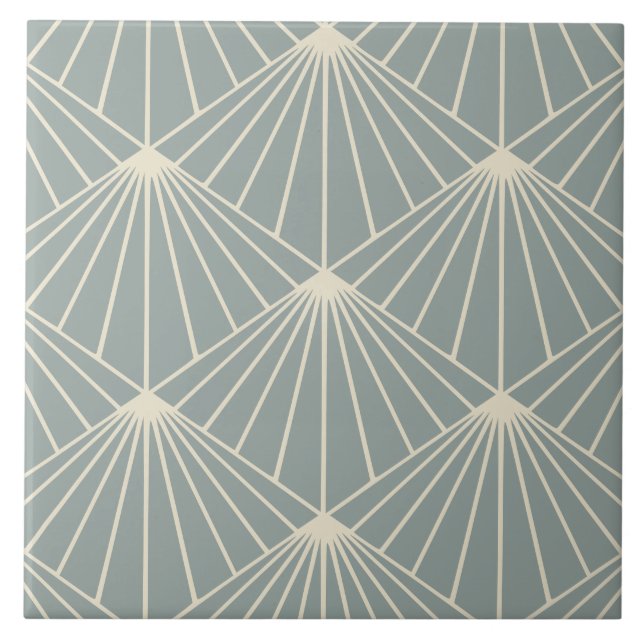 Dusty Blue & Cream Art Deco Fan Pattern Diamond Tile (Front)