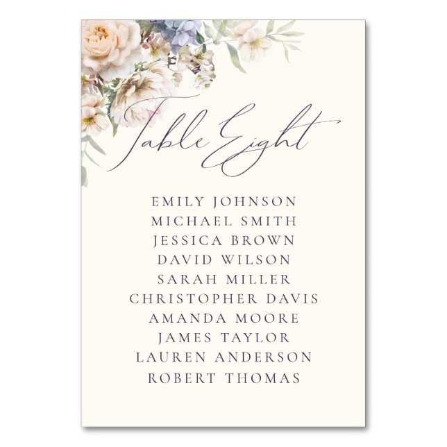 Dusty Blue Cream Floral Table Eight Guest Names Table Number (Front)