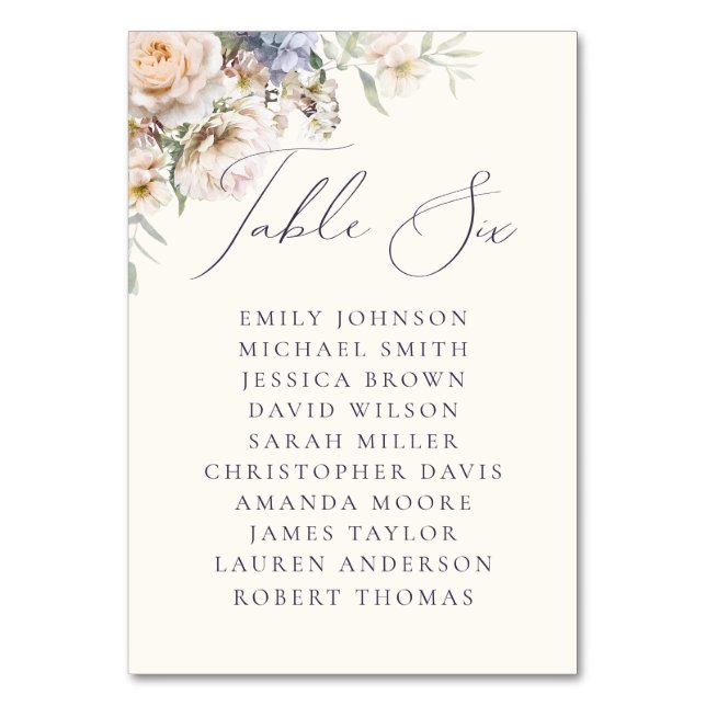 Dusty Blue Cream Floral Table Six Guest Names Number (Front)