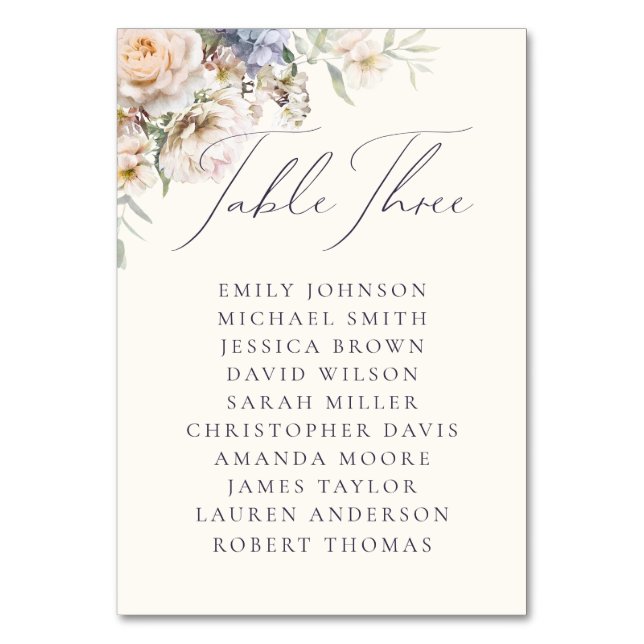 Dusty Blue Cream Floral Table Three Guest Names Table Number (Front)