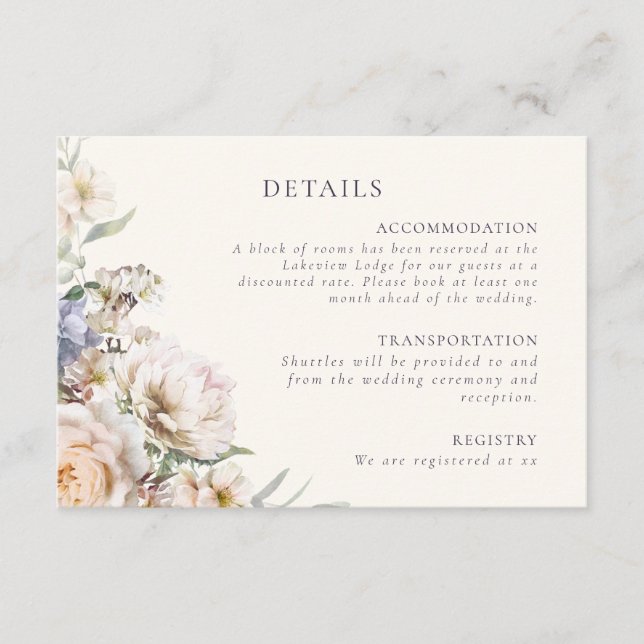 Dusty Blue Cream Floral Wedding Details Enclosure Card (Front)