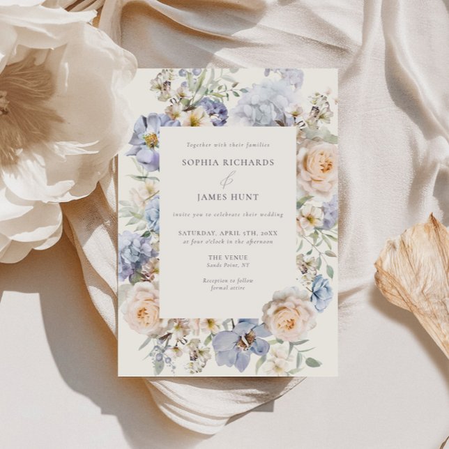 Dusty Blue Cream Floral Wedding Invitation (Creator Uploaded)