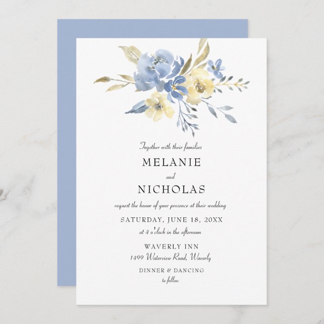 Dusty Blue + Cream Floral Wedding Invitation (Front/Back)