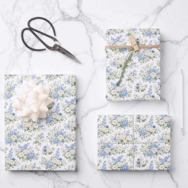 Dusty Blue Cream Florals Wedding Bridal Shower Wrapping Paper Sheet (Front)