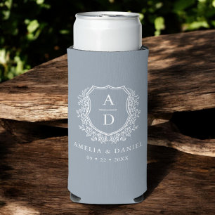 Dusty Blue Crest Botanical Monogram Wedding  Seltzer Can Cooler