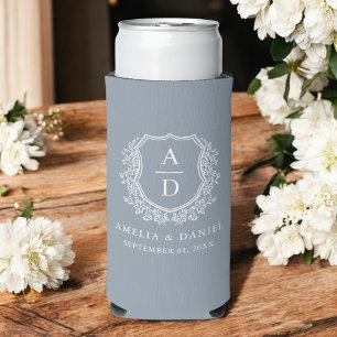 Dusty Blue Crest Modern Monogram Wedding Seltzer Can Cooler