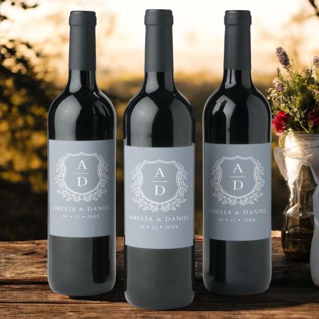 Dusty Blue Crest Modern Monogram Wedding  Wine Label (Creator Uploaded)