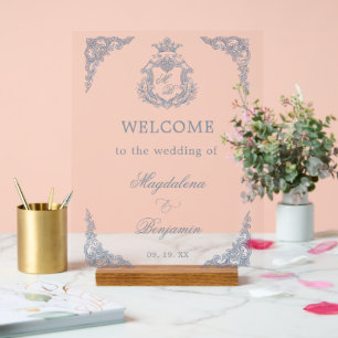 Dusty Blue Crest Monogram Regal Wedding Welcome Acrylic Sign