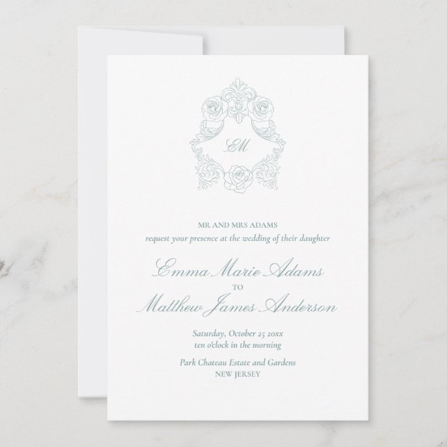 Dusty Blue Crest Monogram Sophisticated Wedding Invitation (Front)