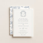 Dusty Blue Crest Monogram Wedding Invitation<br><div class="desc">Dusty Blue Monogram Crest,  wedding invitation. Vintage inspired Regency-Era baroque line art monogram crest. Features,  an elegant dusty blue typography design style mix of script and bold type. Chinoiserie style garden pattern backing.</div>