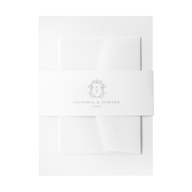 Dusty Blue Crest Monogram Wedding Invitation Belly Band (Front Example)