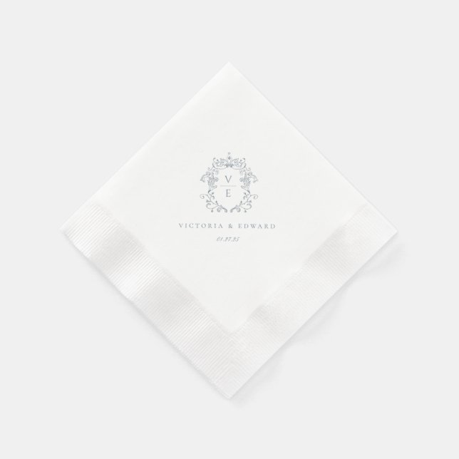 Dusty Blue Crest Monogram Wedding Napkin (Corner)