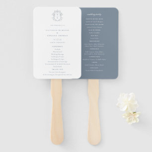 Dusty Blue Crest Monogram Wedding Program Hand Fan