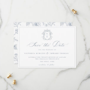 Dusty Blue Crest Monogram Wedding QR Code Save The Date