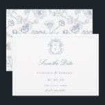 Dusty Blue Crest Monogram Wedding Save The Date<br><div class="desc">Dusty Blue Monogram Crest,  wedding save the date. Vintage inspired Regency-Era baroque line art monogram crest. Features,  an elegant dusty blue typography design style mix of script and bold type. Chinoiserie style garden pattern backing.</div>