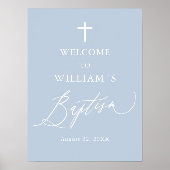 Dusty Blue Croix blanche Boy Baptism Affiche de bi (Devant)