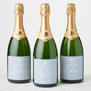 Dusty Blue Cross Baptism Sparkling Wine Bottle Lab Label