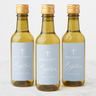 Dusty Blue Cross Boy Baptême Mini Étiquette de vin