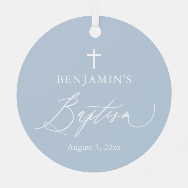 Dusty Blue Cross Boy Baptism Ceramic Ornament (Front)