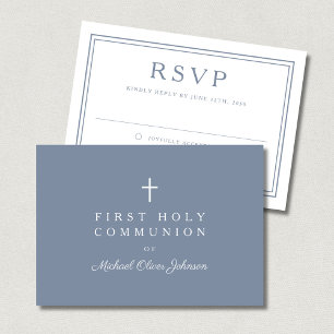Dusty Blue Cross Boy First Holy Communion  RSVP Card