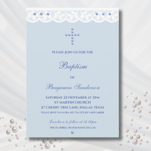 Dusty Blue Cross Christening Christian Baptism Invitation