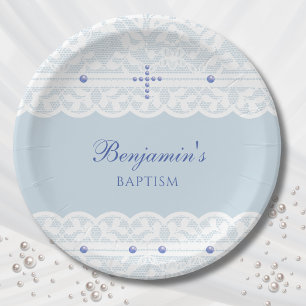Dusty Blue Cross Christening Christian Baptism Paper Plate