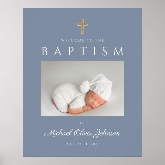 Dusty Blue Cross Photo Boy Baptism Welcome  Poster (Front)