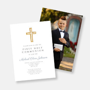 Dusty Blue Cross Photo Boy First Communion  Invitation