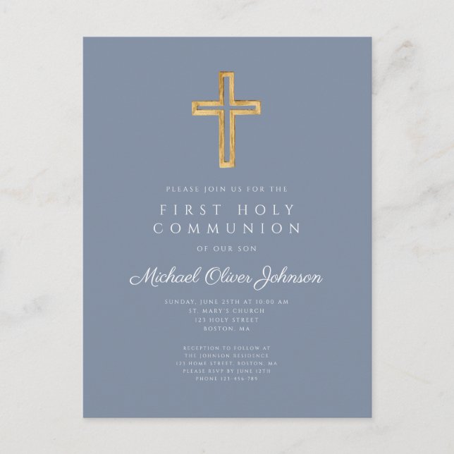 Dusty Blue Cross Religious Boy First Communion Postcard (Front)