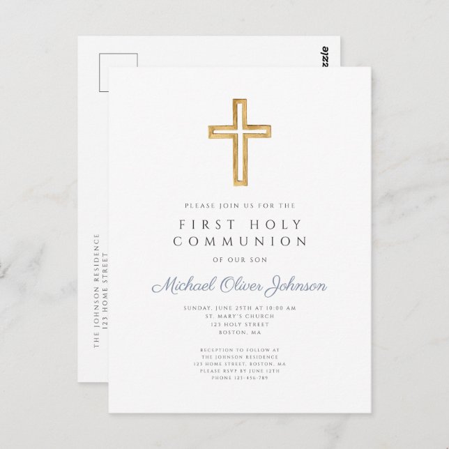 Dusty Blue Cross Religious Boy First Communion Postcard (Front/Back)