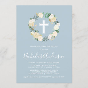 Dusty Blue Cross with Cream Florals, Boy Baptism Invitation