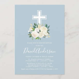 Dusty Blue Cross with Cream Florals, Boy Baptism Invitation
