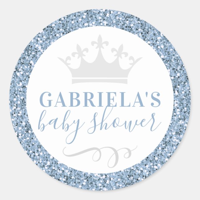 Dusty Blue Crown Baby Shower Favour Sticker Label (Front)
